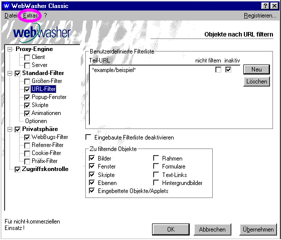 WebWasher - Einstellungen 3